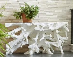 Teak Root Console Table Carved Auto White